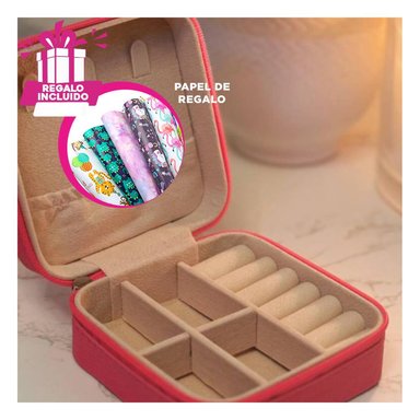 JOYERO PORTATIL CON DIVISIONES FUCSIA Y+PAPEL DE REGALO