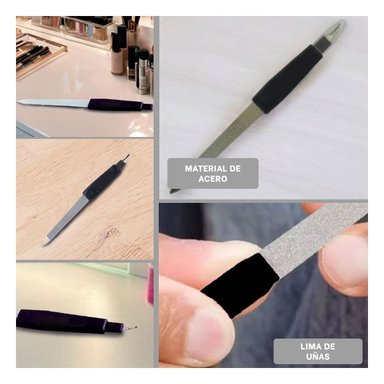 HERRAMIENTA PORTATIL DE UÑAS NEGRO Y PLATEADO CON SACA CUTICULAS - 5