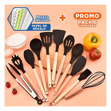 PACK6 KIT DE 12 PZS DE UTENSILIOS NEGRO Y+PAPEL DE REGALO