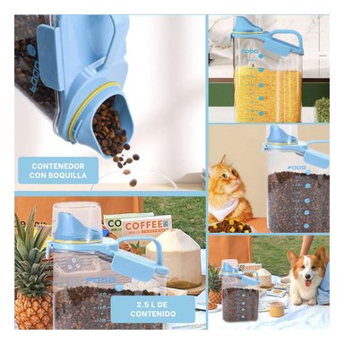 CONTENEDOR CON BOQUILLA Y TAPA CON ASA DE COLOR CELESTE