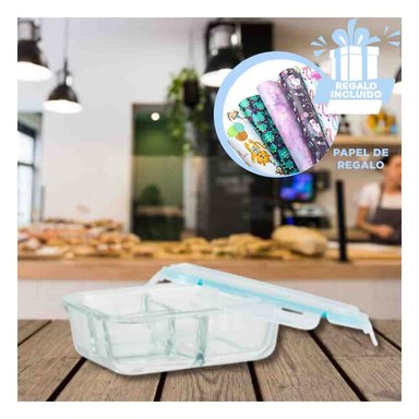 TAPER CON TAPA HERMETICA CON LINEA CELESTE Y+PAPEL DE REGALO