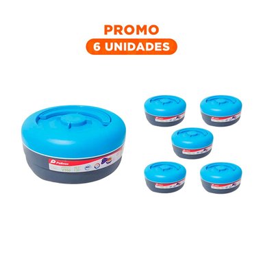 PACK6 ENVASE CIRCULAR CON TAPA HERMETICA EN CELESTE Y PLOMO