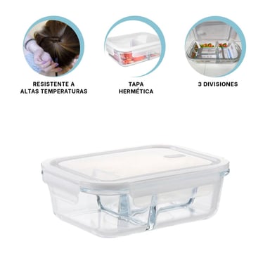 CONTENEDOR DE VIDRIO TRANSPARENTE 1040ML CON TRES ESPACIOS Y TAPA - 3