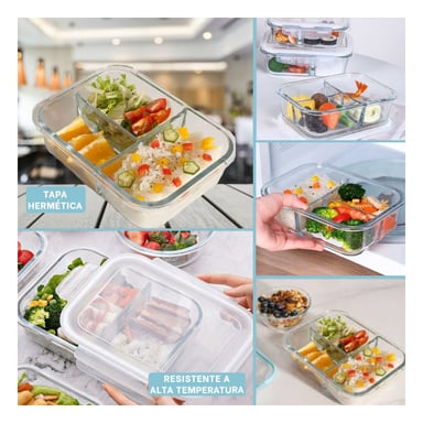 CONTENEDOR DE VIDRIO TRANSPARENTE 1040ML CON TRES ESPACIOS Y TAPA - 5