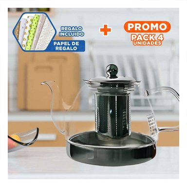 PACK4 TETERA DE COLOR TRANSPARENTE 800ML FABRICADA EN BOROSILICATO Y ACERO Y+PAPEL REGALO - 1