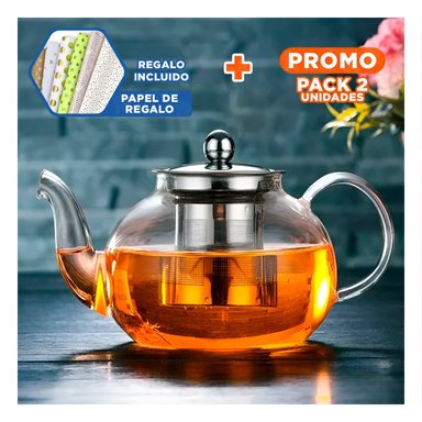 PACK2 TETERA 900ML TRANSPARENTE CIRCULAR CON CUERPO EN BOROSILICATO Y ACERO Y+PAPEL REGALO - 1
