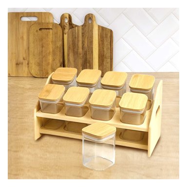 SET DE ESPECIAS RECTANGULAR DE MADERA CON 8 FRASCOS COCINA Y+REGALO STICKER - 2