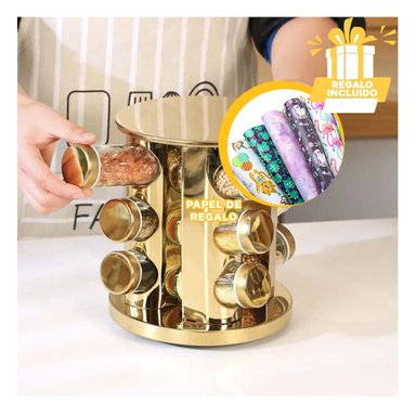 CONDIMENTERO MODERNO DE 12 ENVASES DORADO Y+PAPEL DE REGALO