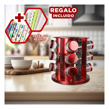 CONDIMENTERO MODERNO DE 12 ENVASES ROJO Y+PAPEL DE REGALO