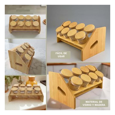 CONDIMENTERO RECTANGULAR DE MADERA PARA 8 ENVASES CIRCULAR
