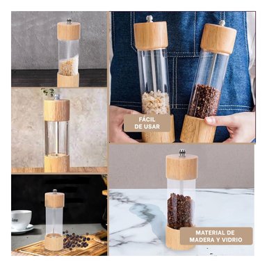 MOLINILLO DE CAFE Y GRANOS 5X16.5CM DE MADERA Y TRANSPARENTE