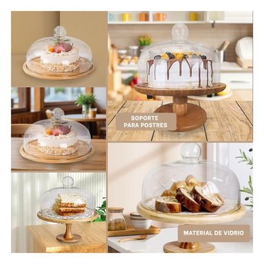 PEDESTAL DE MADERA CON CUPULA REDONDA DE 24CM TRANSPARENTE