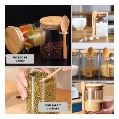 FRASCO DE VIDRIO CON TAPA Y CUCACHARA TRANSPARENTE