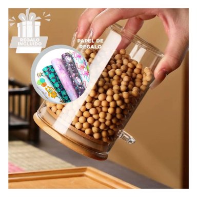 FRASCO CON TAPA Y UTENSILIO DE BAMBU Y+PAPEL DE REGALO