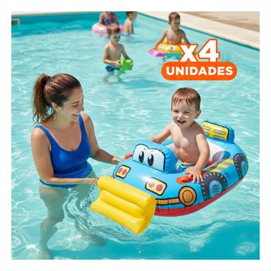 PACK4 ARO INFANTIL CARROS CON DISEÑO DE TRACTOR COLOR CELESTE PARA JUEGOS EN AGUA
