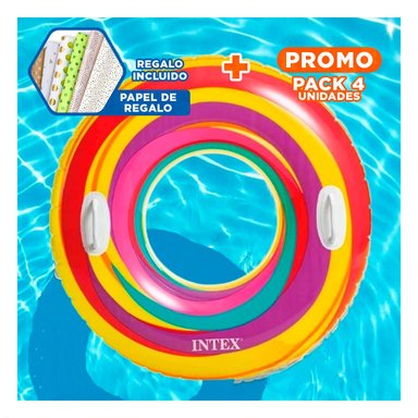 PACK4 ARO FLOTANTE ARCOIRIS MORADO DE 91 CM PARA DIVERSION EN AGUA Y+PAPEL REGALO