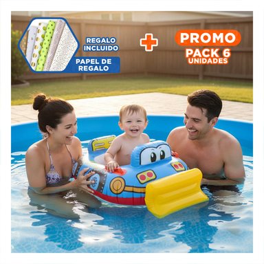 PACK6 INFLABLE INFANTIL CON DISEÑO DE TRACTOR EN TONO CELESTE PARA PISCINA Y+PAPEL REGALO