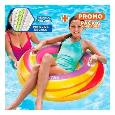 PACK6 RUEDA INFLABLE ARCOIRIS MORADA DE 91 CM PARA PISCINA Y DESCANSO Y+PAPEL REGALO