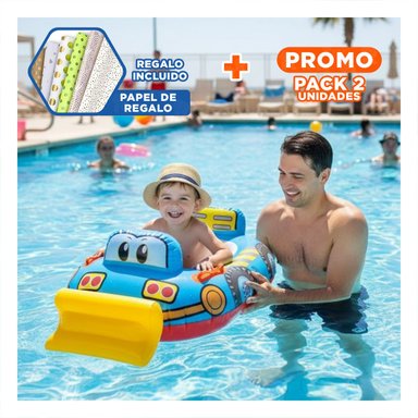 PACK2 SALVAVIDAS CON DISEÑO DE TRACTOR EN TONO CELESTE PARA PISCINA INFANTIL Y+PAPEL REGALO