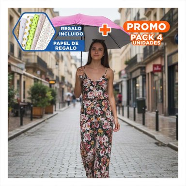 PACK4 GUARDASOL PLEGABLE PORTATIL PARA SOL Y LLUVIA DISENO COMPACTO COLOR FUCSIA Y+PAPEL REGALO