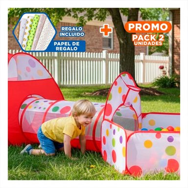 PACK2 TIENDA DE NIÑO DE CAMPO 3 PIEZAS MG-16335 EB ROJO PARA CAMPING Y DIVERSION Y+PAPEL REGALO