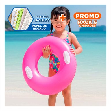 PACK6 SALVAVIDAS CON ASA FUCSIA 76 CM DIVERTIDO PARA JUEGOS EN PISCINA Y+PAPEL REGALO