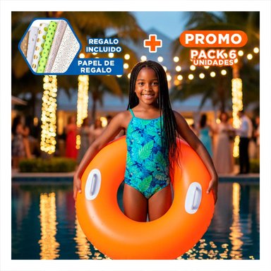 PACK6 SALVAVIDAS CON ASA ANARANJADO 76 CM INFANTIL DIVERTIDO PARA PISCINA Y+PAPEL REGALO