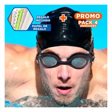 PACK4 PROTECTOR PARA NATACION NEGRO CON LENTE TRANSPARENTE Y VISION CLARA Y+PAPEL REGALO