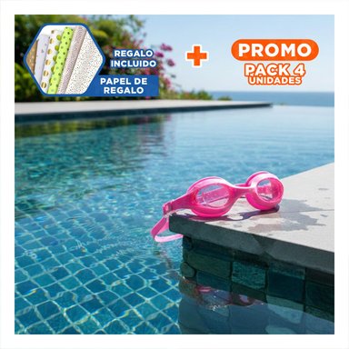 PACK4 LENTES ACUATICOS UNISEX PARA PISCINA CON AJUSTE ERGONOMICO ROSADO Y+PAPEL REGALO