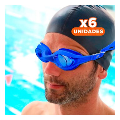 PACK6 LENTE PARA NATACION AZUL CON CRISTAL CLARO Y AJUSTE SEGURO Y+REGALO STICKER