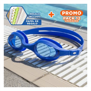 PACK12 GOGGLES DE NATACION UNISEX COLOR AZUL CON PROTECCION OCULAR EN PISCINA Y+PAPEL REGALO