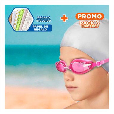 PACK6 LENTE PARA NATACION ROSADO CON LENTE NITIDO Y CORREA FLEXIBLE Y+PAPEL REGALO