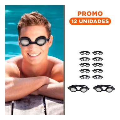PACK12 LENTE PARA NATACION NEGRO CON CRISTAL CLARO Y CORREA LIGERA Y+REGALO STICKER
