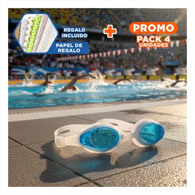 PACK4 GAFAS DE NATACION CON ESTUCHE UNISEX COLOR CELESTE PARA DEPORTE ACUATICO Y+PAPEL REGALO