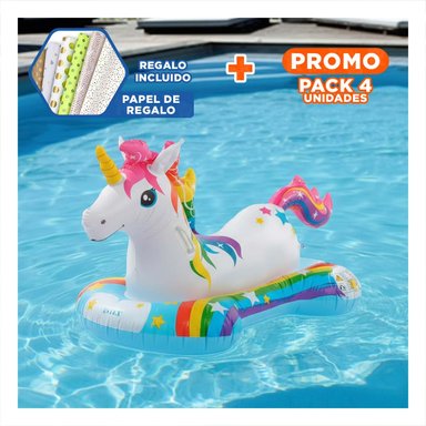 PACK4 JUGUETE INFLABLE UNICORNIO 163 X 86 CM PARA PISCINA Y+PAPEL REGALO