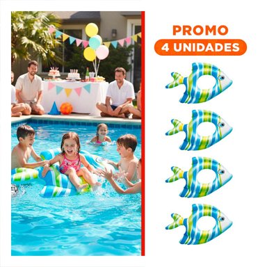 PACK4 SALVAVIDAS INFLABLE SEGURO CELESTE PEZ RAYADO 83 X 81 CM PARA NIÑOS Y+REGALO STICKER
