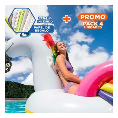 PACK4 JUGUETE INFLABLE UNICORNIO 201 X 140 X 97 CM PARA PISCINA Y+PAPEL REGALO