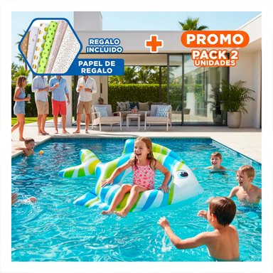 PACK2 JUGUETE FLOTANTE SEGURO CELESTE PEZ RAYADO 83 X 81 CM PARA PISCINA Y+PAPEL REGALO