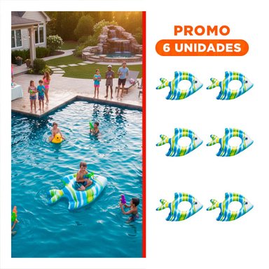 PACK6 SALVAVIDAS FLOTANTE COMODO CELESTE PEZ RAYADO 83 X 81 CM PARA PISCINA