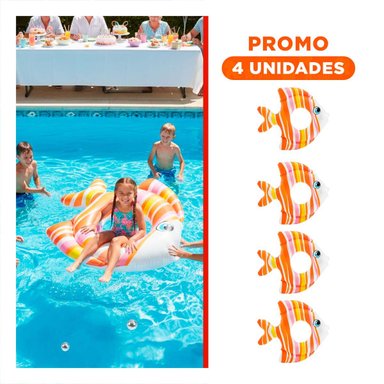 PACK4 SALVAVIDAS INFLABLE SEGURO ANARANJADO PEZ RAYADO 83 X 81 CM PARA NIÑOS Y+REGALO STICKER