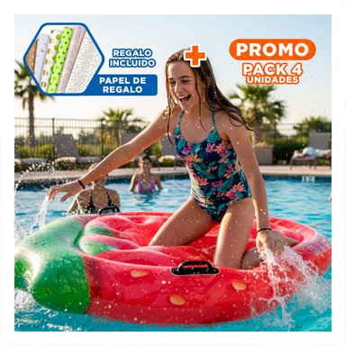PACK4 SALVAVIDAS FLOTANTE ISLA DE FRESAS 137 X 132 CM COMODO PARA PISCINA Y+PAPEL REGALO