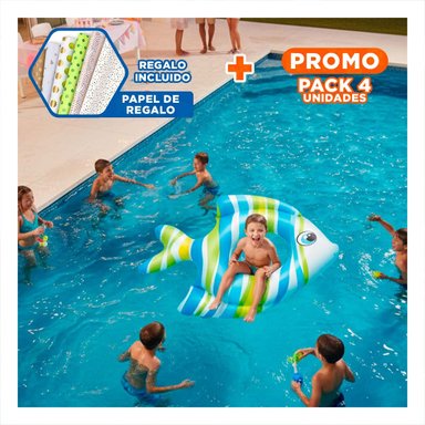 PACK4 SALVAVIDAS ACUATICO DIVERTIDO CELESTE PEZ RAYADO 83 X 81 CM PARA JUEGOS Y+PAPEL REGALO