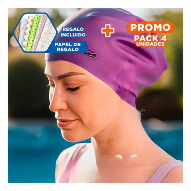 PACK4 CAPUCHA DE NATACION MORADO PARA CABELLO PROTEGIDO Y NADAR Y+PAPEL REGALO