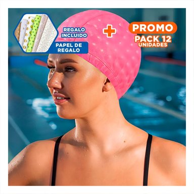 PACK12 CAPUCHA DE NATACION ROSADO DE TELA PARA CABELLO PROTEGIDO Y+PAPEL REGALO