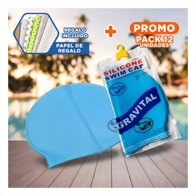 PACK12 CAPUCHA DE NATACION CELESTE PARA JUEGOS Y CABELLO SEGURO Y+PAPEL REGALO