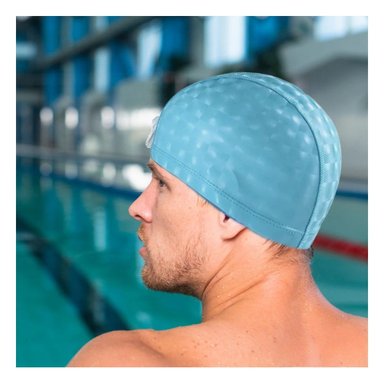 TOCA DE NATACION CELESTE DE TELA PARA PISCINA Y CABELLO SEGURO Y+LIGAS REGALO