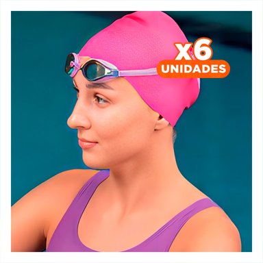 PACK6 CAPUCHA DE NATACION ROSADO PARA JUEGOS Y CABELLO SEGURO PROTEGIDO Y+REGALO STICKER
