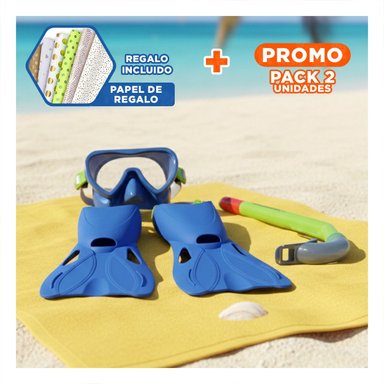 PACK2 SET DE BUCEO PARA NINOS CON DISENO MODERNO AZUL VERDE Y+PAPEL REGALO