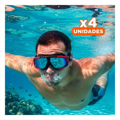 PACK4 EQUIPO PARA NATACIÓN EN PISCINA Y PLAYA CON DISEÑO DEPORTIVO NEGRO Y ROJO