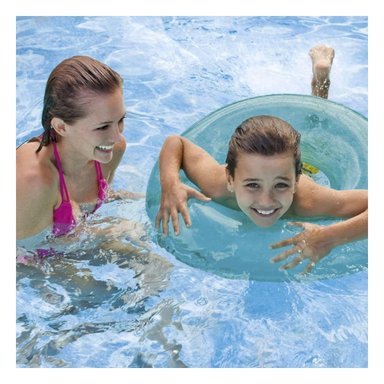 FLOTADOR TRANSPARENTE COLOR CELESTE PARA PISCINA Y PLAYA RESISTENTE Y COMODO